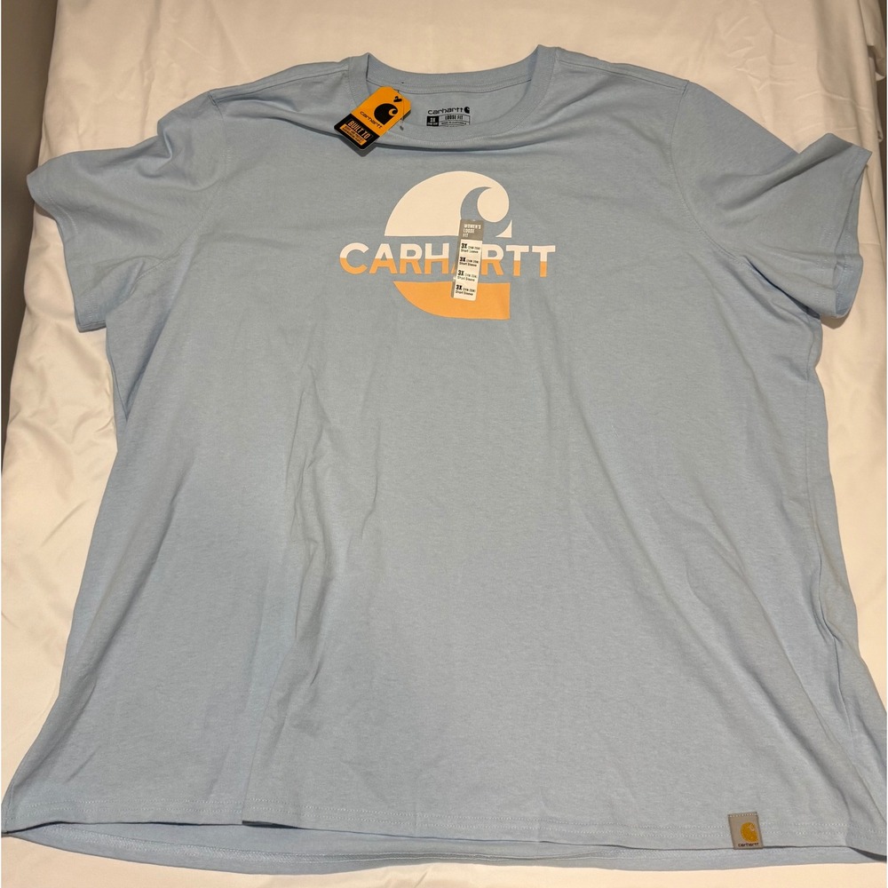Carhartt Womens 3X Loose Fit Graphic Logo Short Sleeve T-Shirt Light Blue NWT
